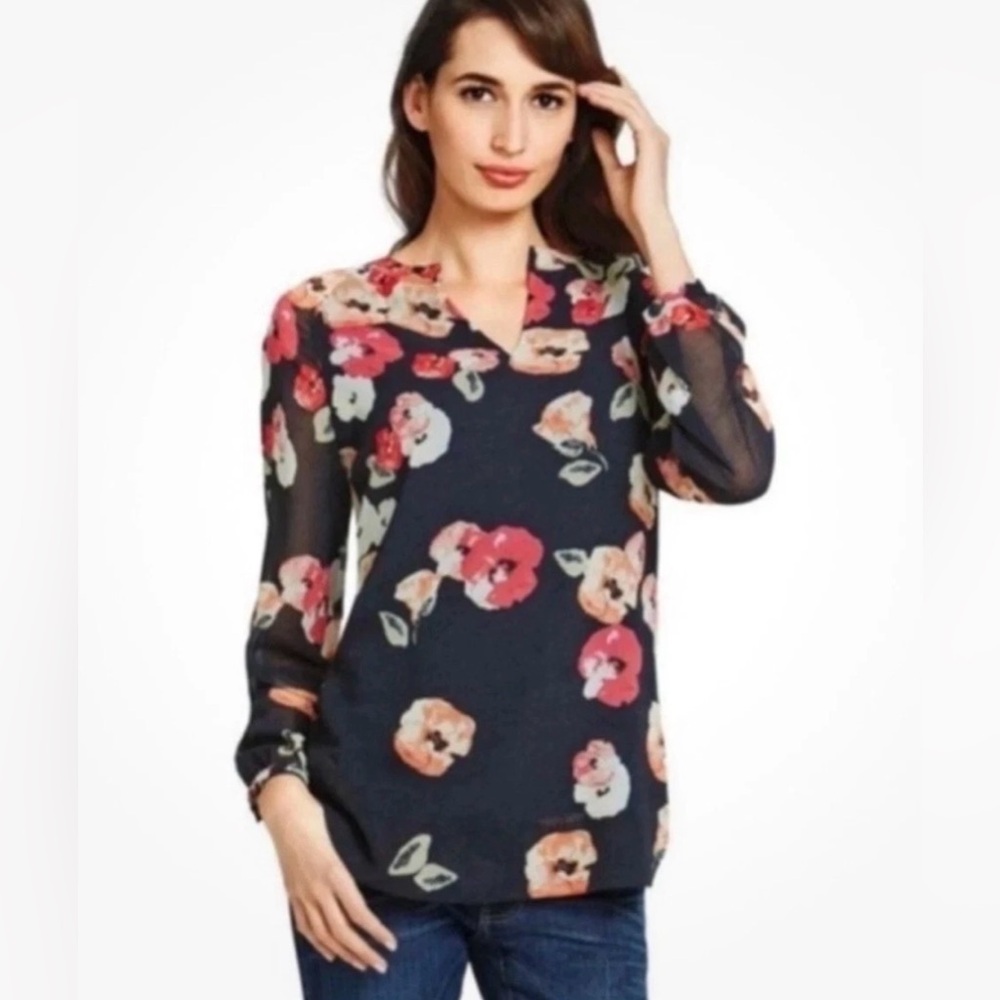 Cabi Style 971 SZ‎ XS Poppy Floral Navy Blue Floral Blouses-Neck Lined Tunic EUC